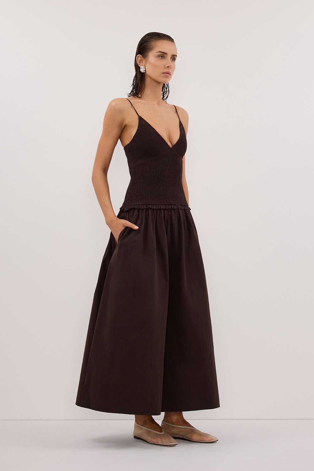 RAMONA BURNT CHOC SLEEVELESS COTTON MIDI DRESS Clothing DISSH Boutiques 