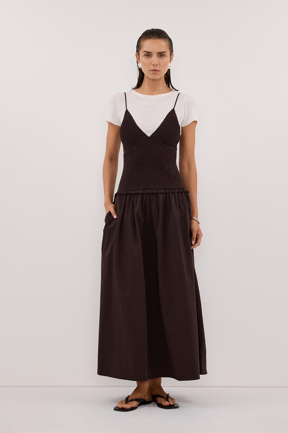 RAMONA BURNT CHOC SLEEVELESS COTTON MIDI DRESS Clothing DISSH Boutiques 