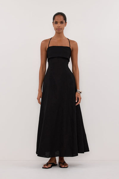 Kristen wearing DANIELLA BLACK LINEN TIE BACK MIDI DRESS