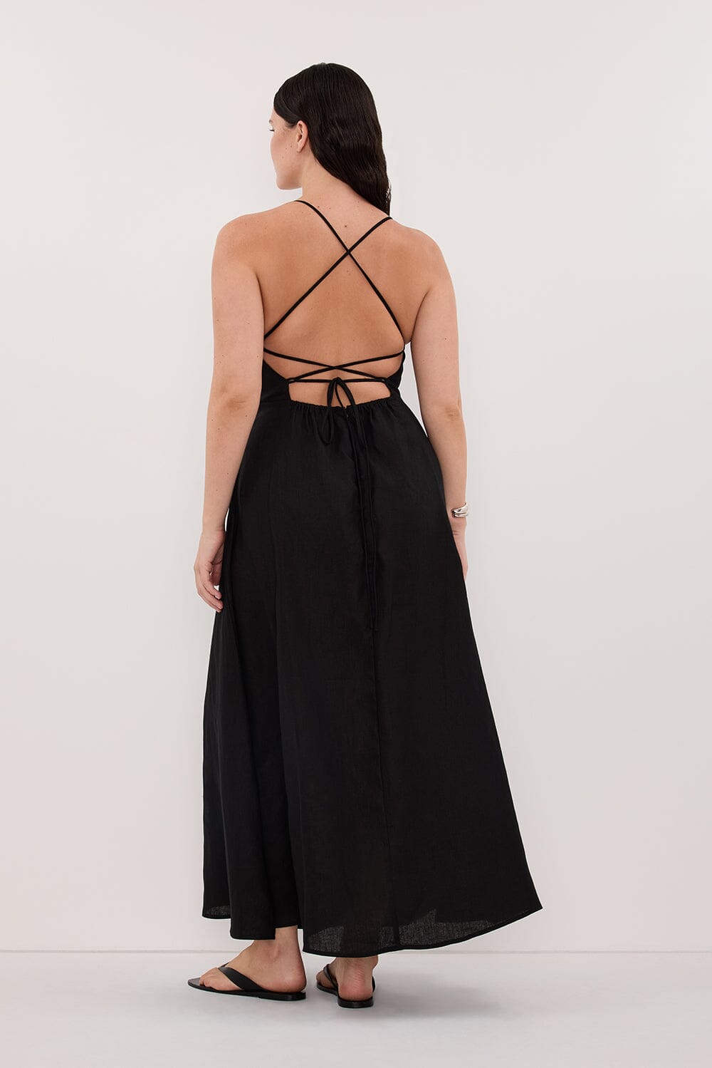 DANIELLA BLACK LINEN TIE BACK MIDI DRESS