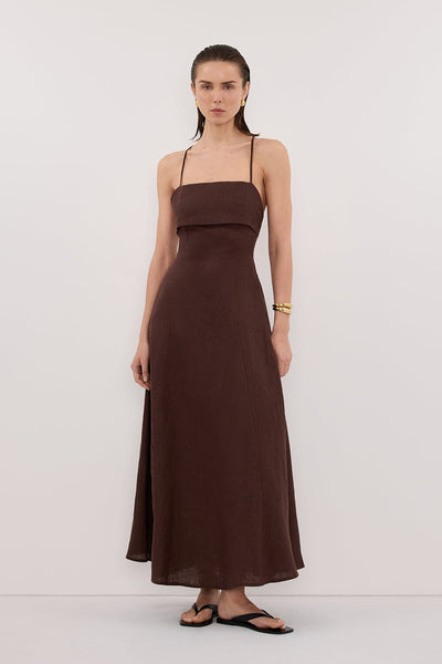 Stas wearing DANIELLA COCOA LINEN TIE BACK MIDI DRESS