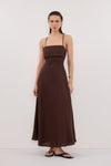DANIELLA COCOA LINEN TIE BACK MIDI DRESS