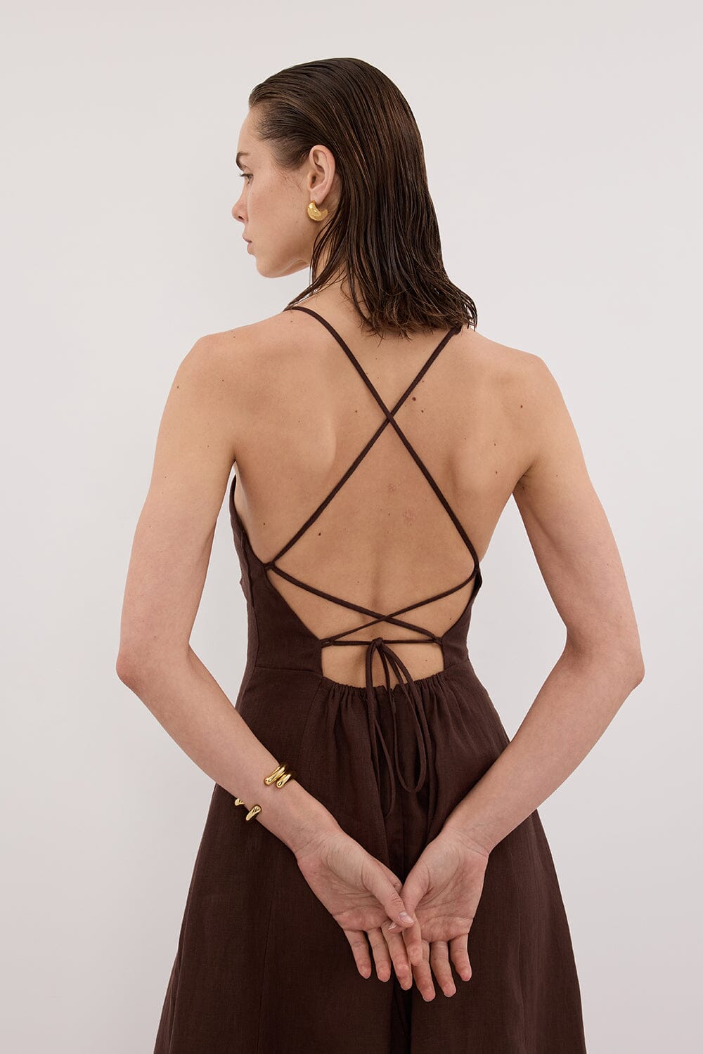 DANIELLA COCOA LINEN TIE BACK MIDI DRESS Clothing DISSH Boutiques 