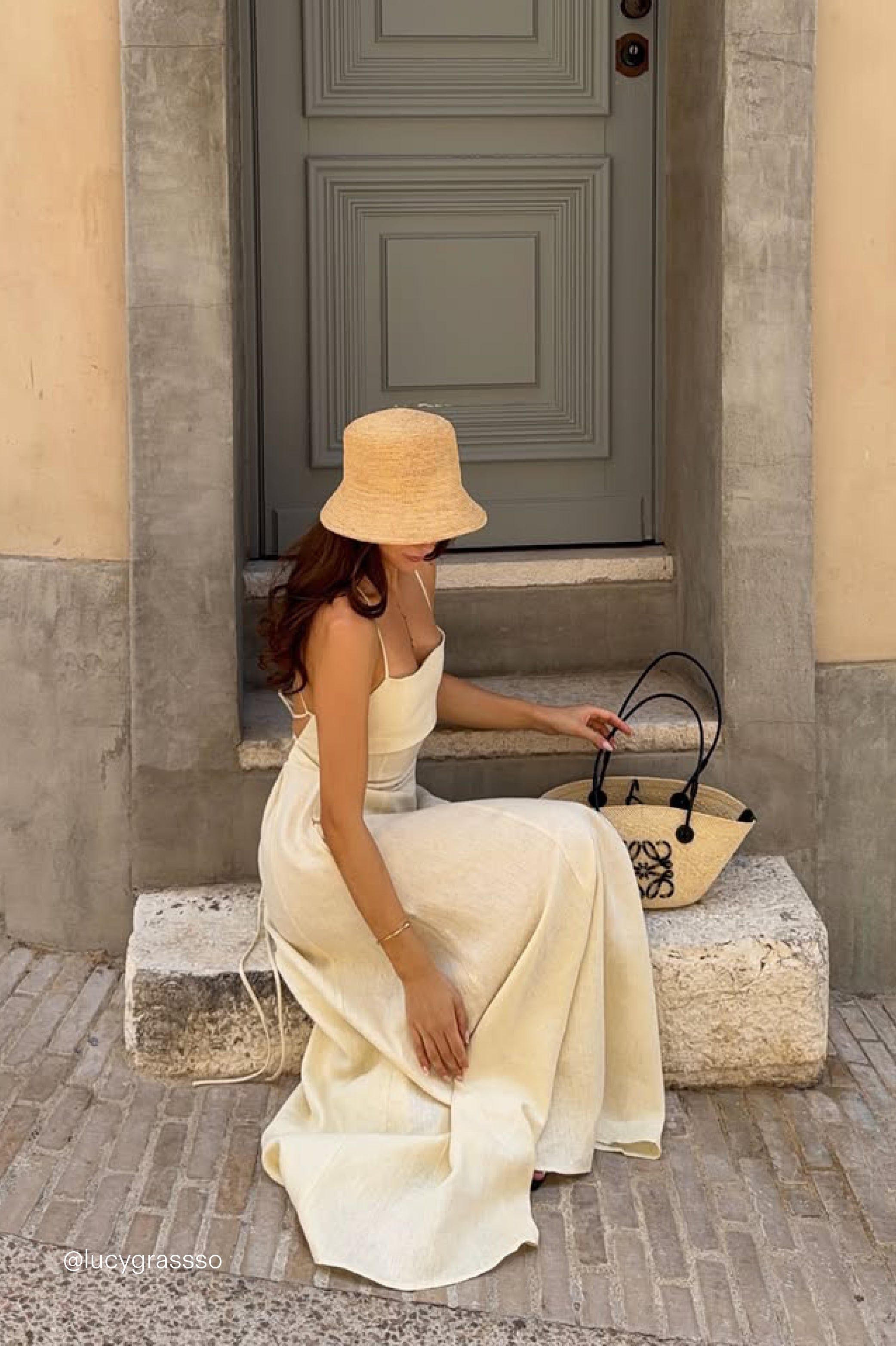 DANIELLA STRAW LINEN TIE BACK MIDI DRESS