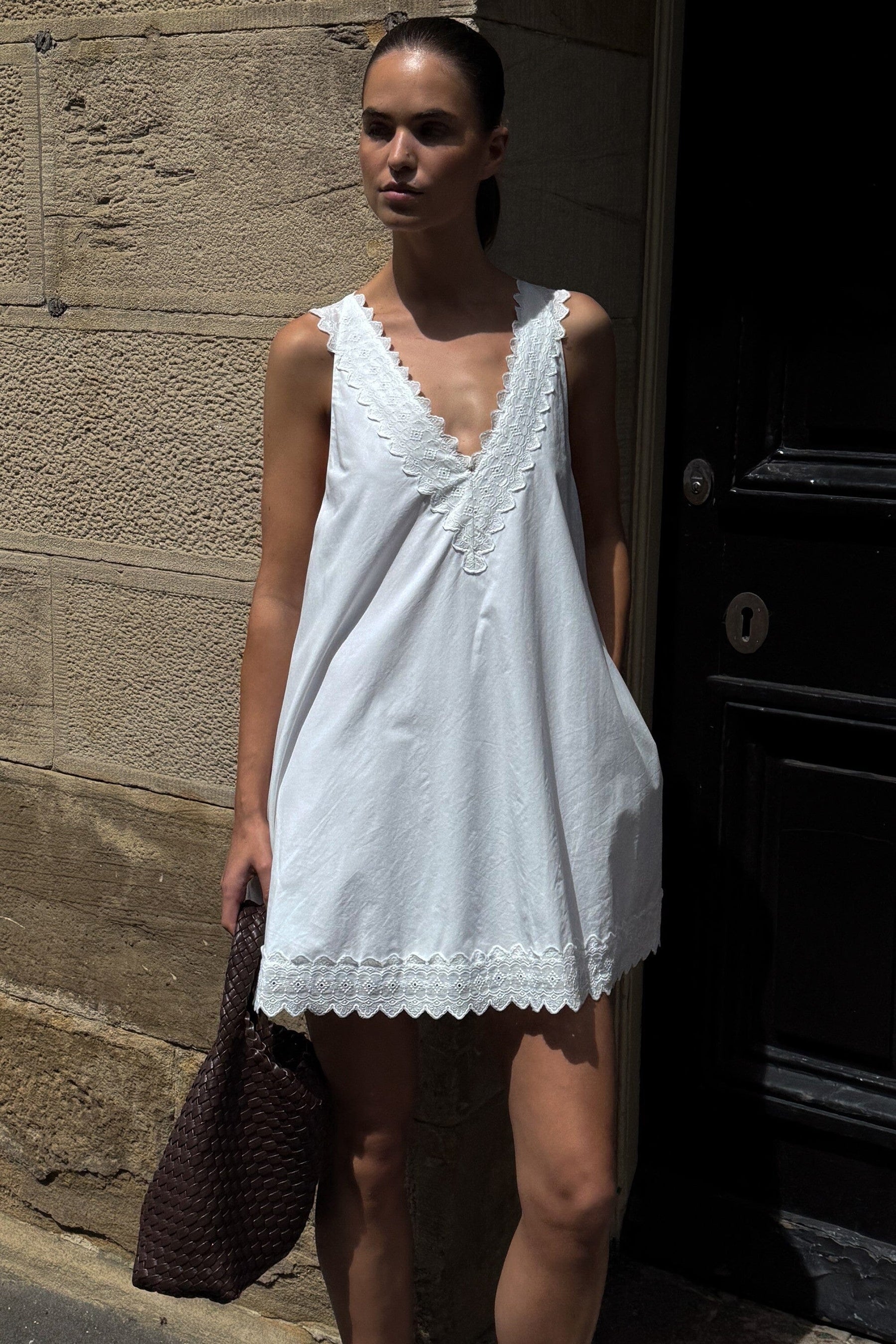 ANNABEL WHITE SLEEVELESS V NECK MINI DRESS Clothing DISSH Boutiques 