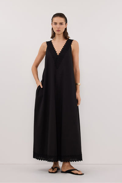 Stas wearing ANNABEL BLACK SLEEVELESS V NECK MIDI DRESS