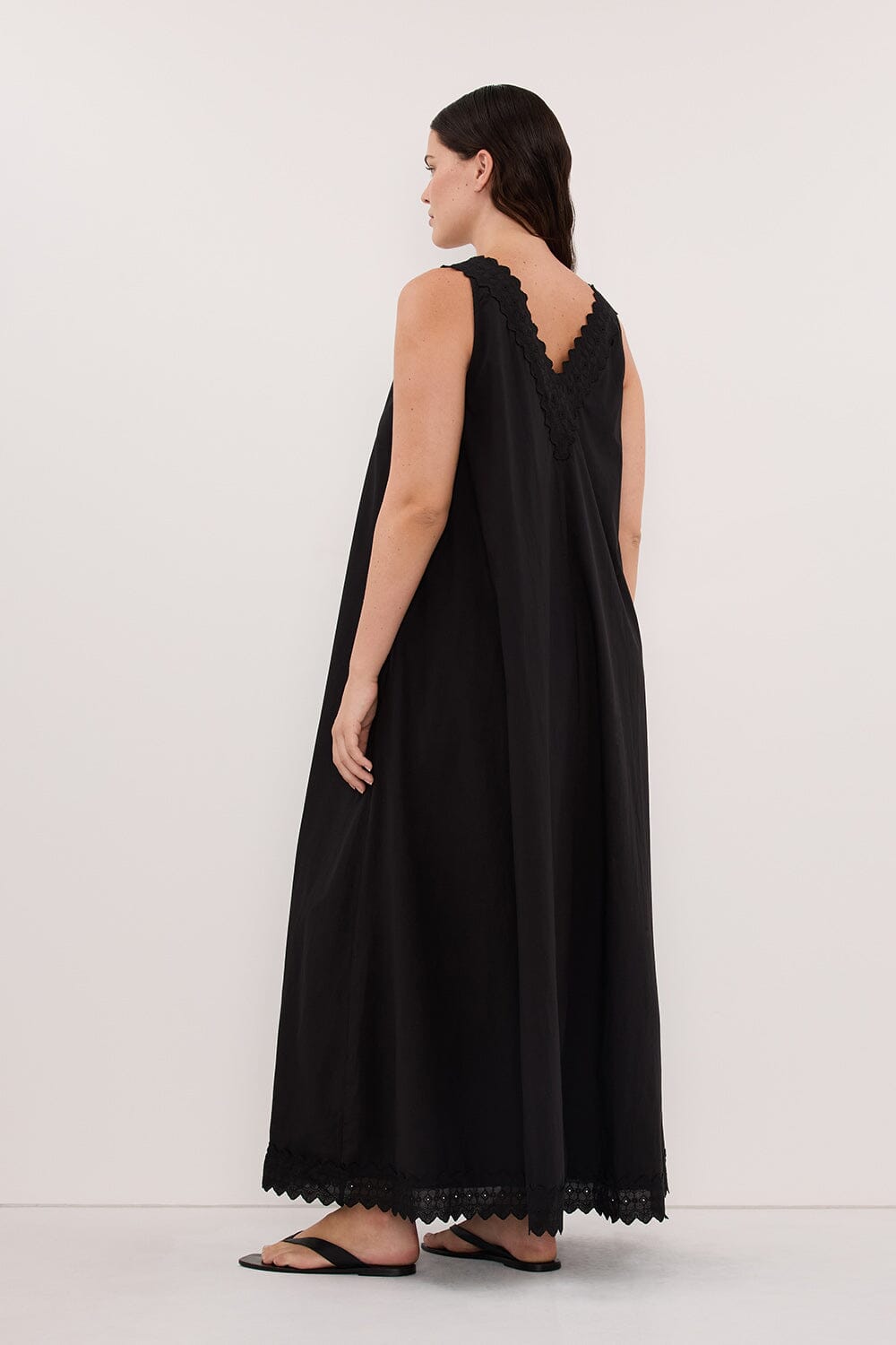 ANNABEL BLACK SLEEVELESS V NECK MIDI DRESS