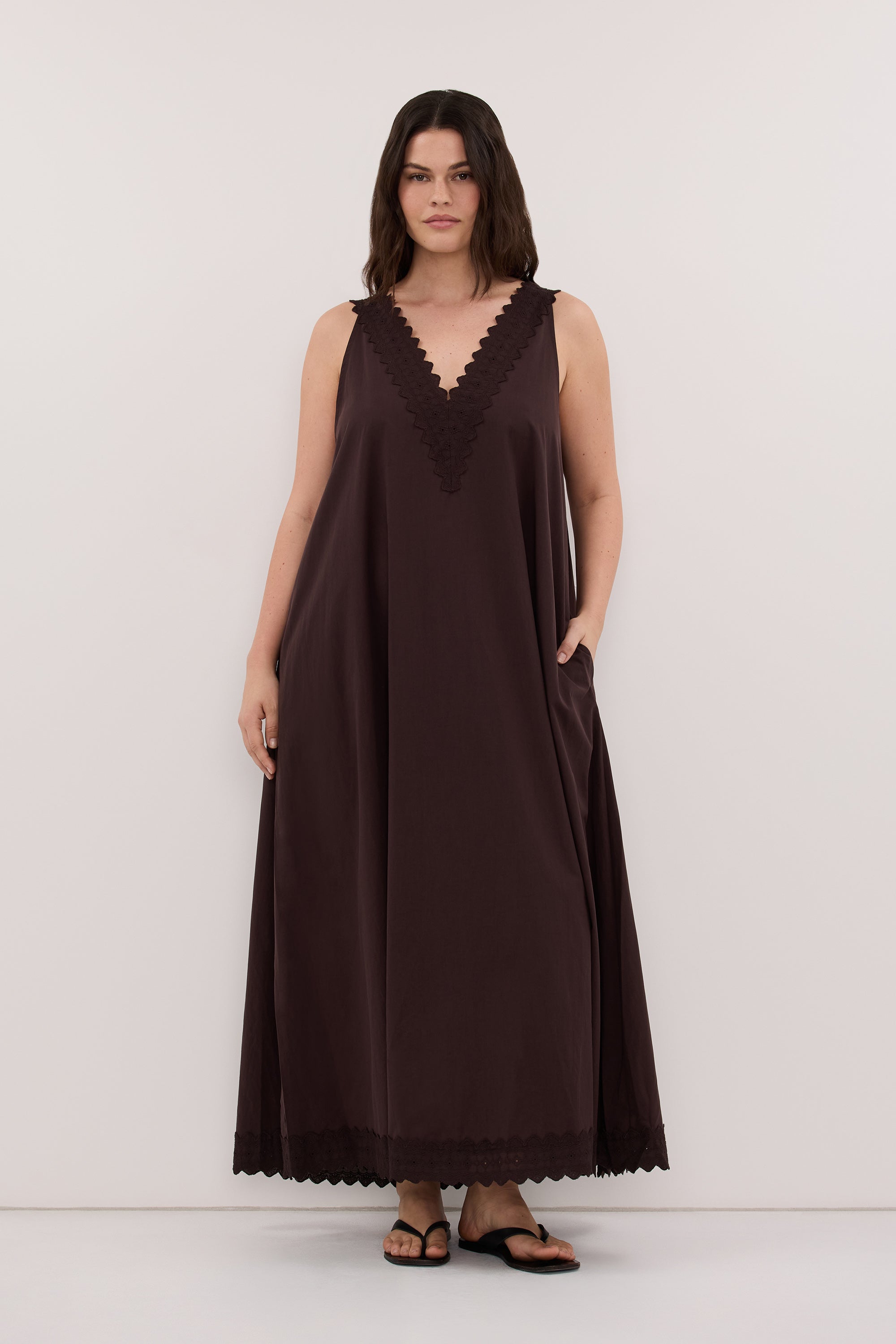 ANNABEL BURNT CHOC SLEEVELESS V NECK MIDI DRESS