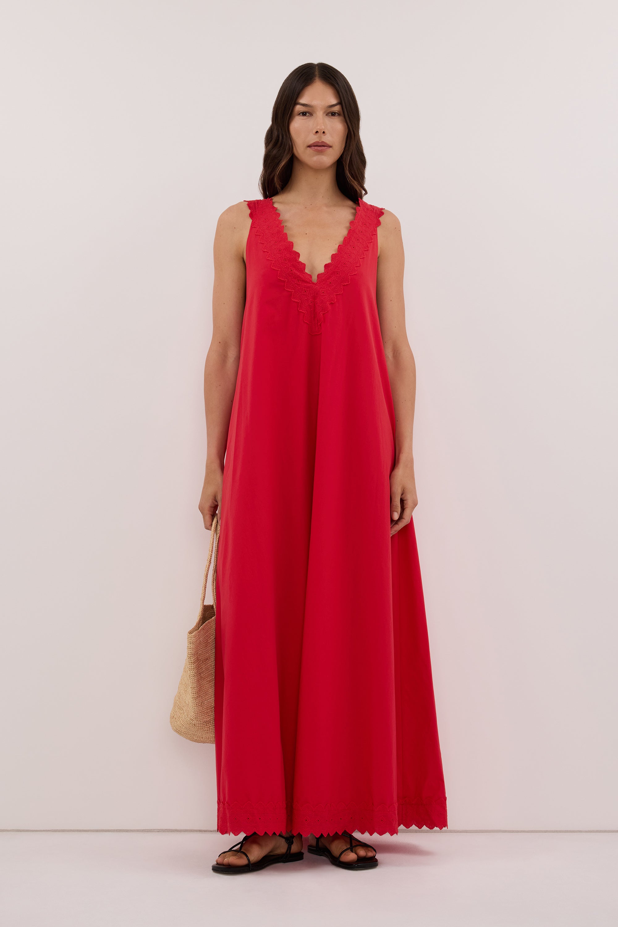 ANNABEL RED SLEEVELESS V NECK MIDI DRESS