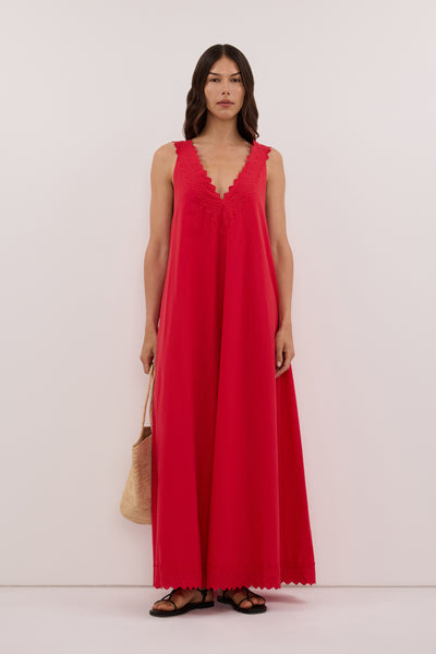 Helena  wearing ANNABEL RED SLEEVELESS V NECK MIDI DRESS