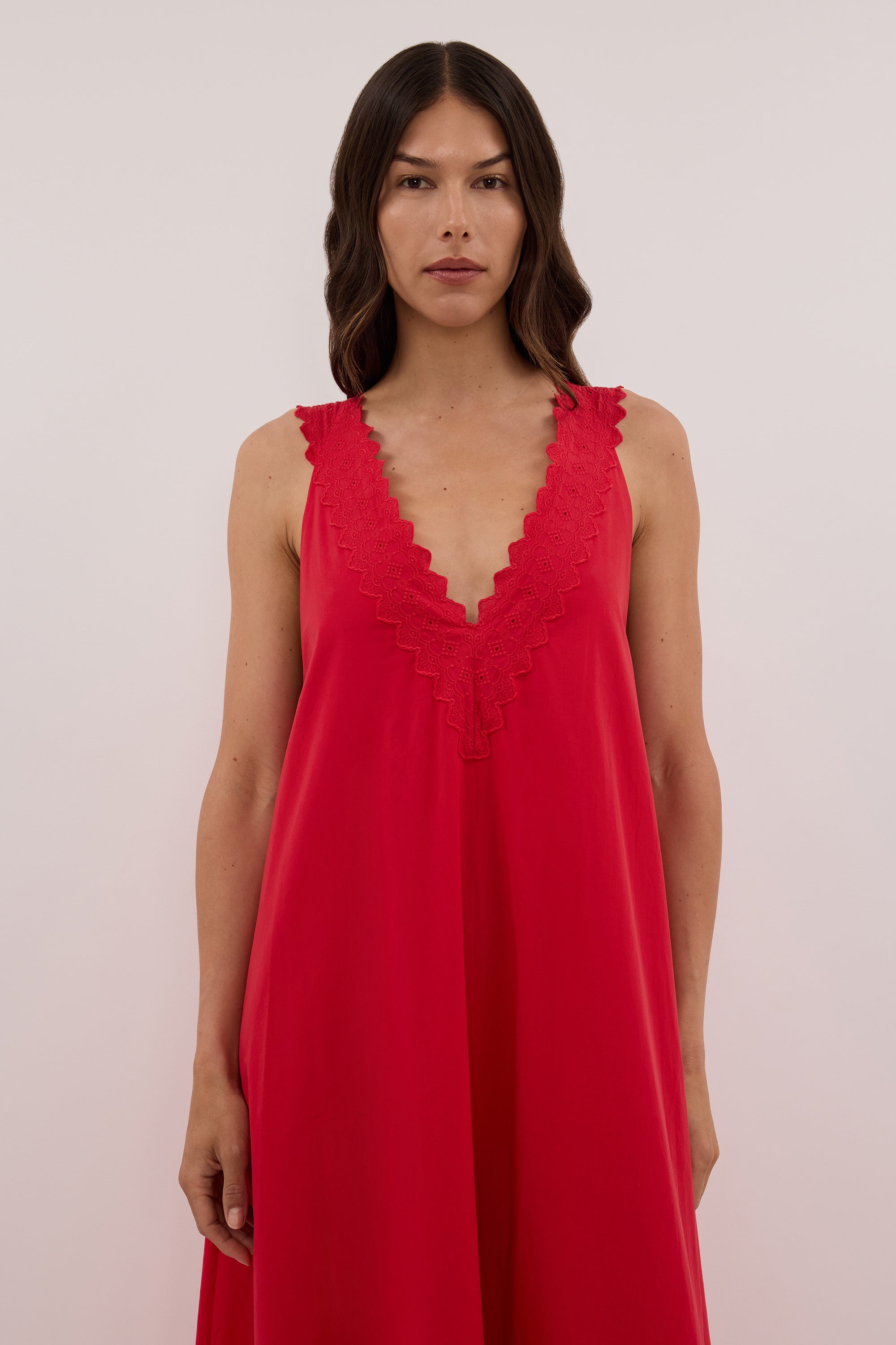 ANNABEL RED SLEEVELESS V NECK MIDI DRESS