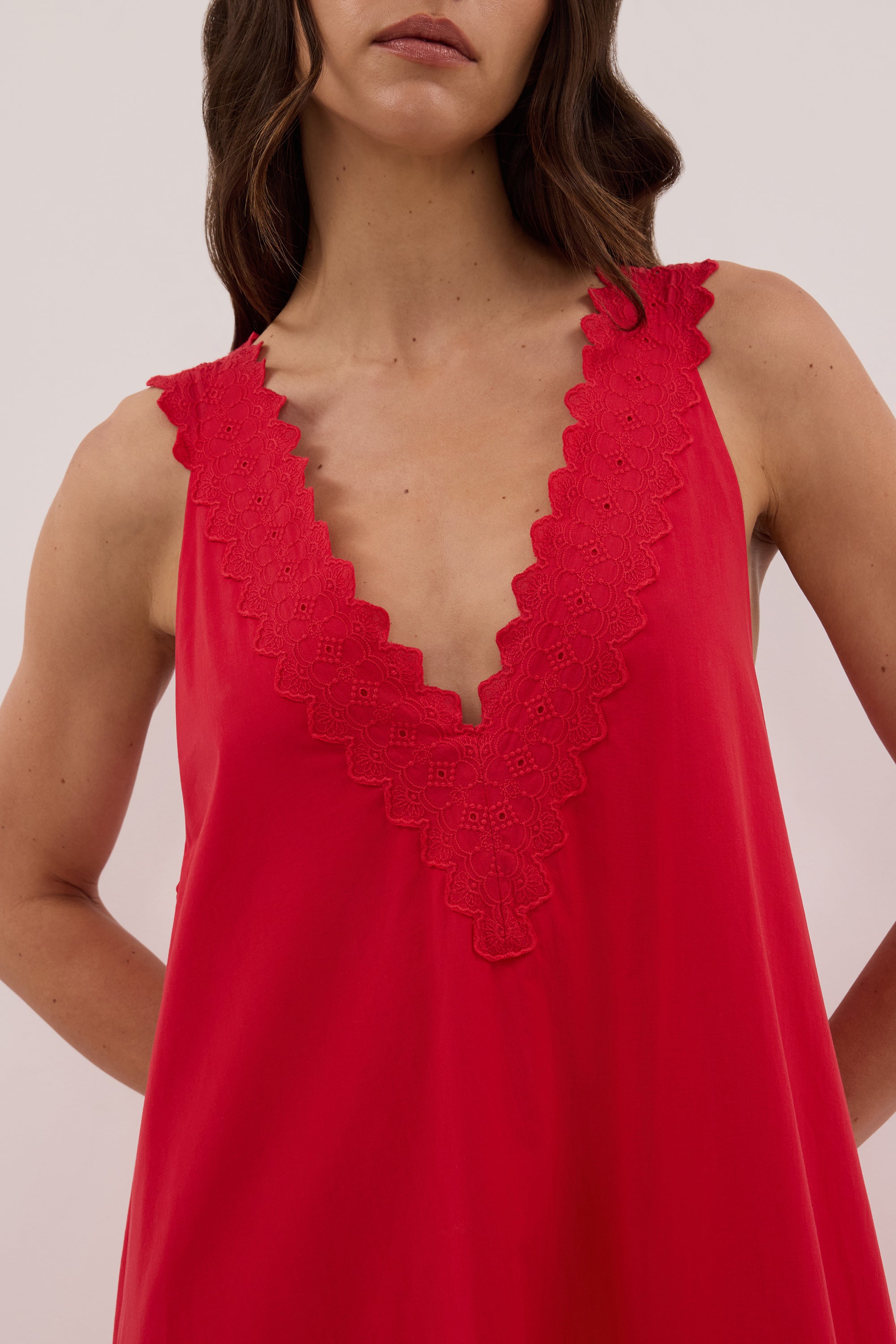 ANNABEL RED SLEEVELESS V NECK MIDI DRESS