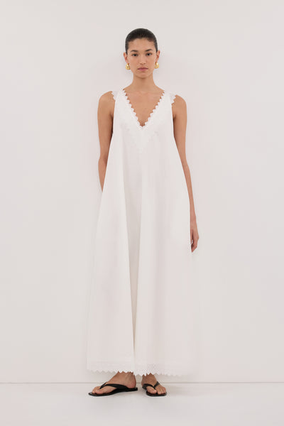 Aude wearing ANNABEL WHITE SLEEVELESS V NECK MIDI DRESS