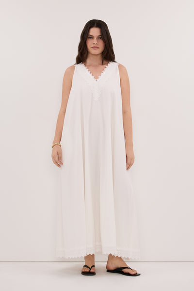 Jasmine wearing ANNABEL WHITE SLEEVELESS V NECK MIDI DRESS