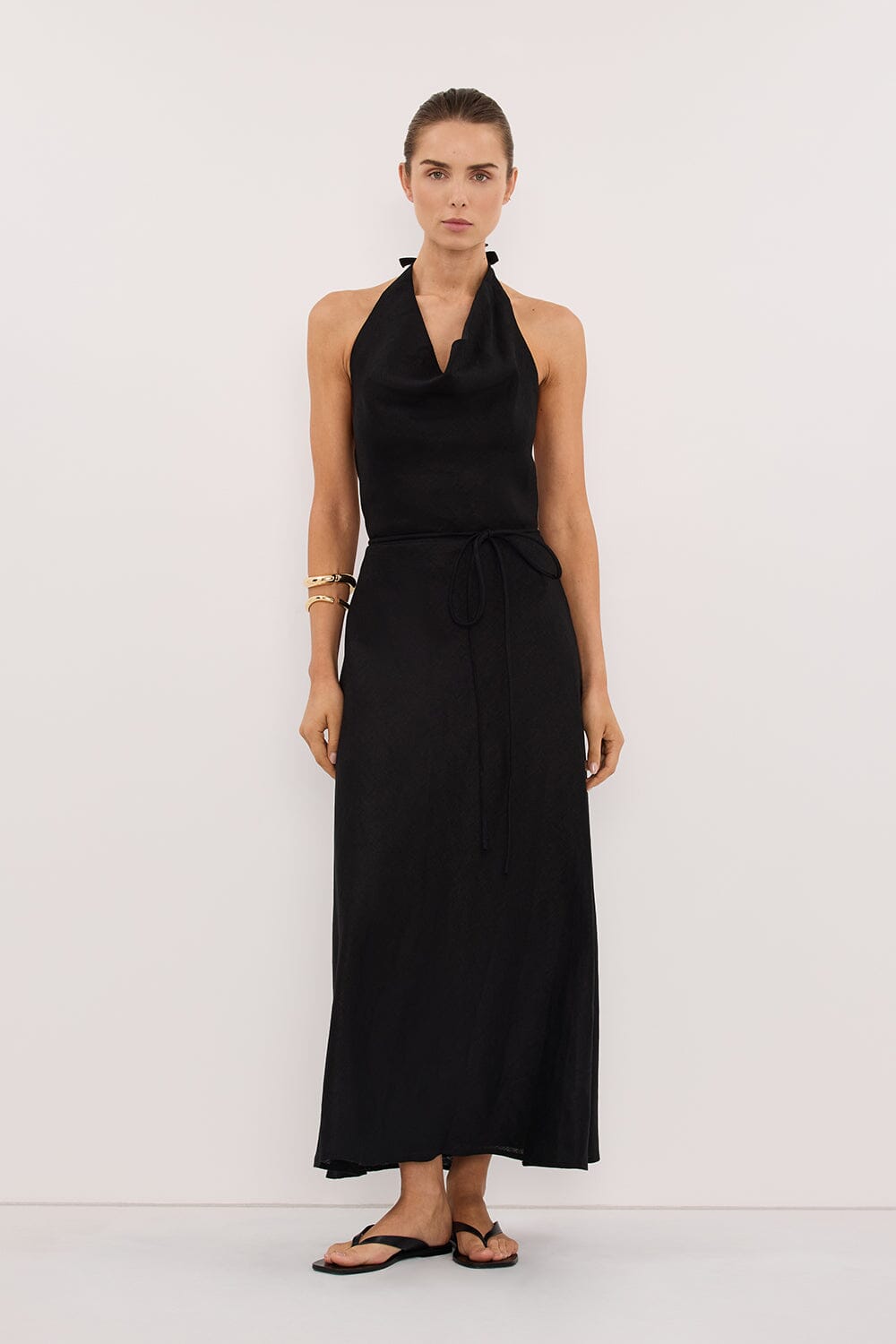 HAYLEE BLACK SLEEVELESS LINEN COWL MIDI DRESS