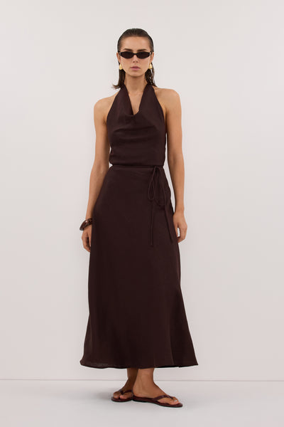 Stas wearing HAYLEE BURNT CHOC SLEEVELESS LINEN COWL MIDI DRESS