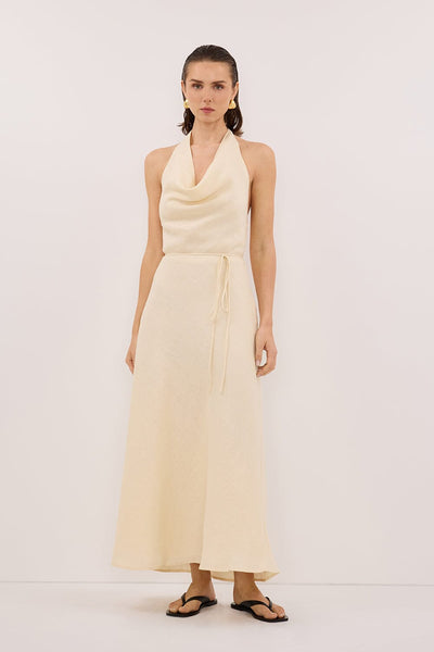 Stas wearing HAYLEE STRAW SLEEVELESS LINEN COWL MIDI DRESS