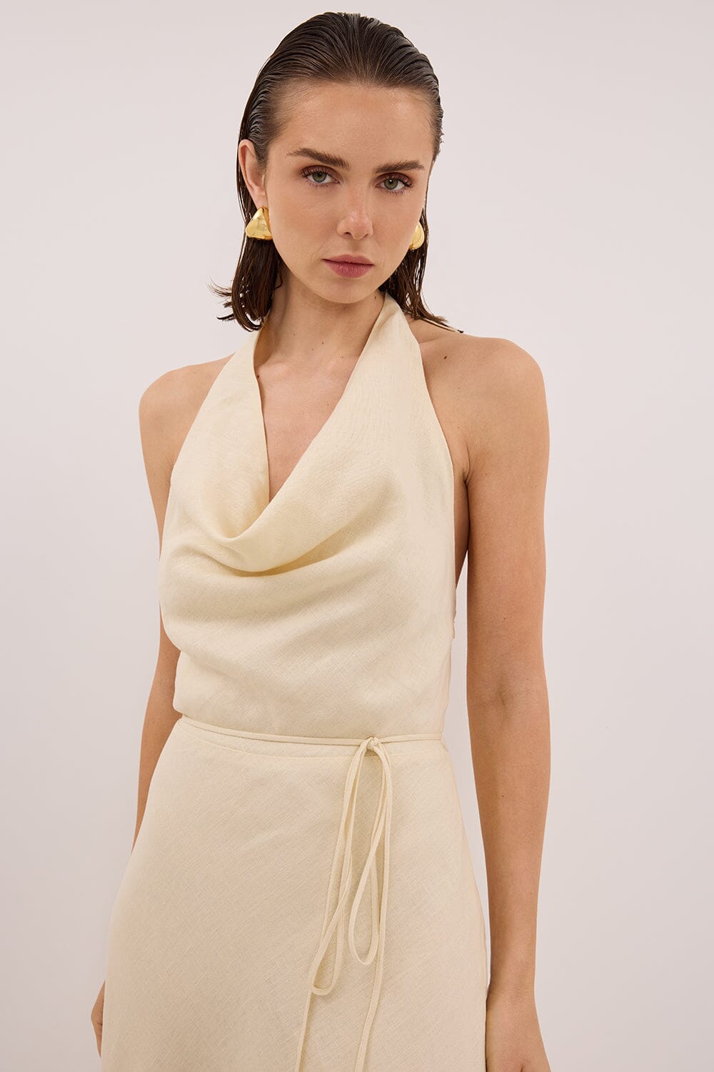 HAYLEE STRAW SLEEVELESS LINEN COWL DRESS Clothing DISSH Boutiques 