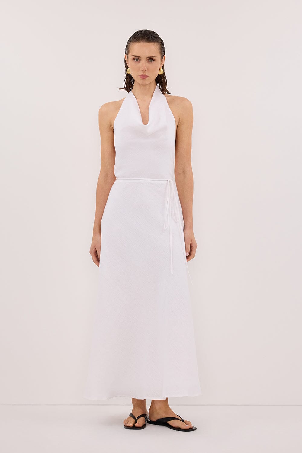 HAYLEE WHITE SLEEVELESS LINEN COWL MIDI DRESS