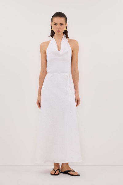 Stas wearing HAYLEE WHITE SLEEVELESS LINEN COWL MIDI DRESS