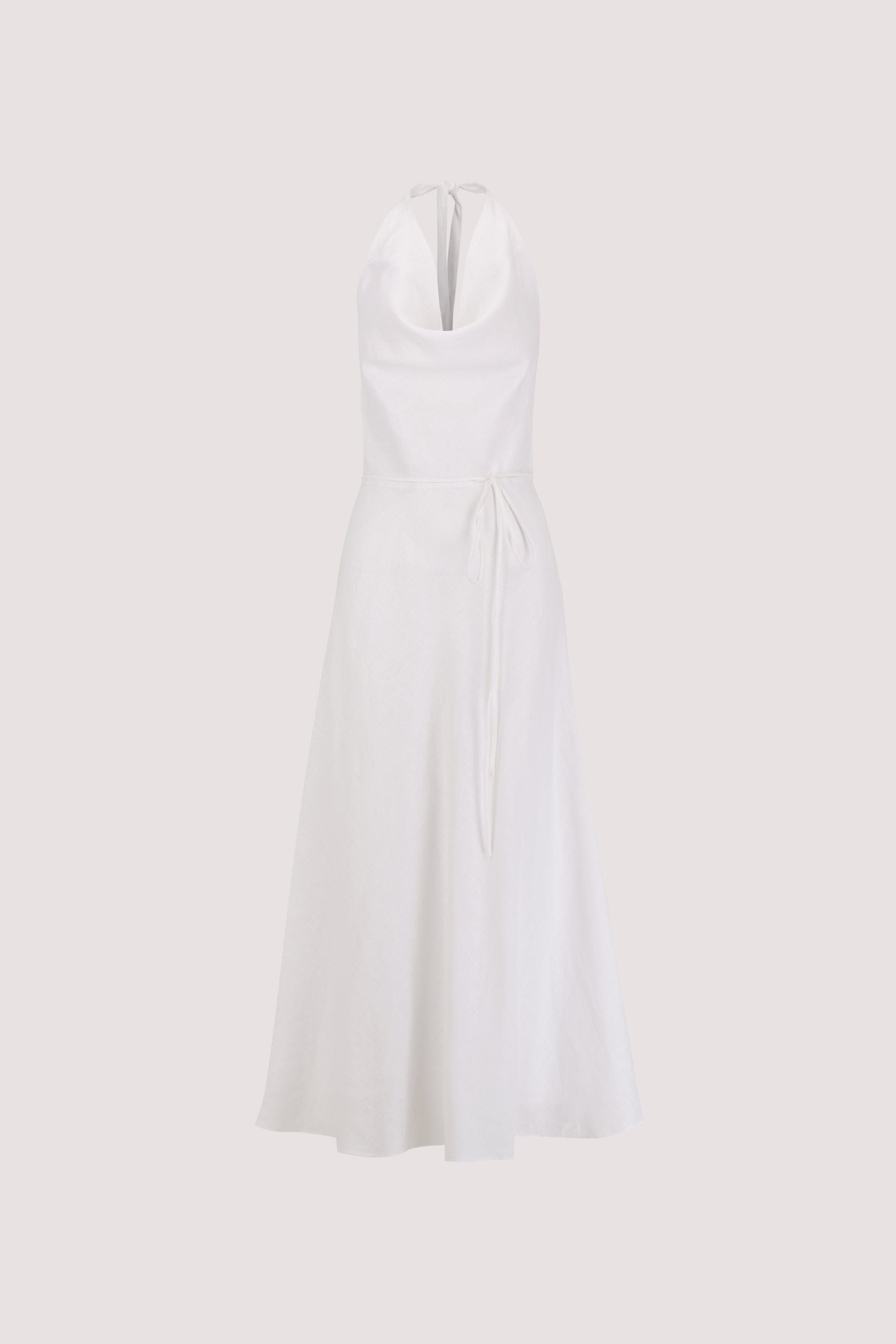 HAYLEE WHITE SLEEVELESS LINEN COWL MIDI DRESS