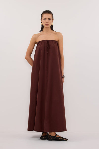 Stas wearing SOMMER CINNAMON STRAPLESS POPLIN MIDI DRESS