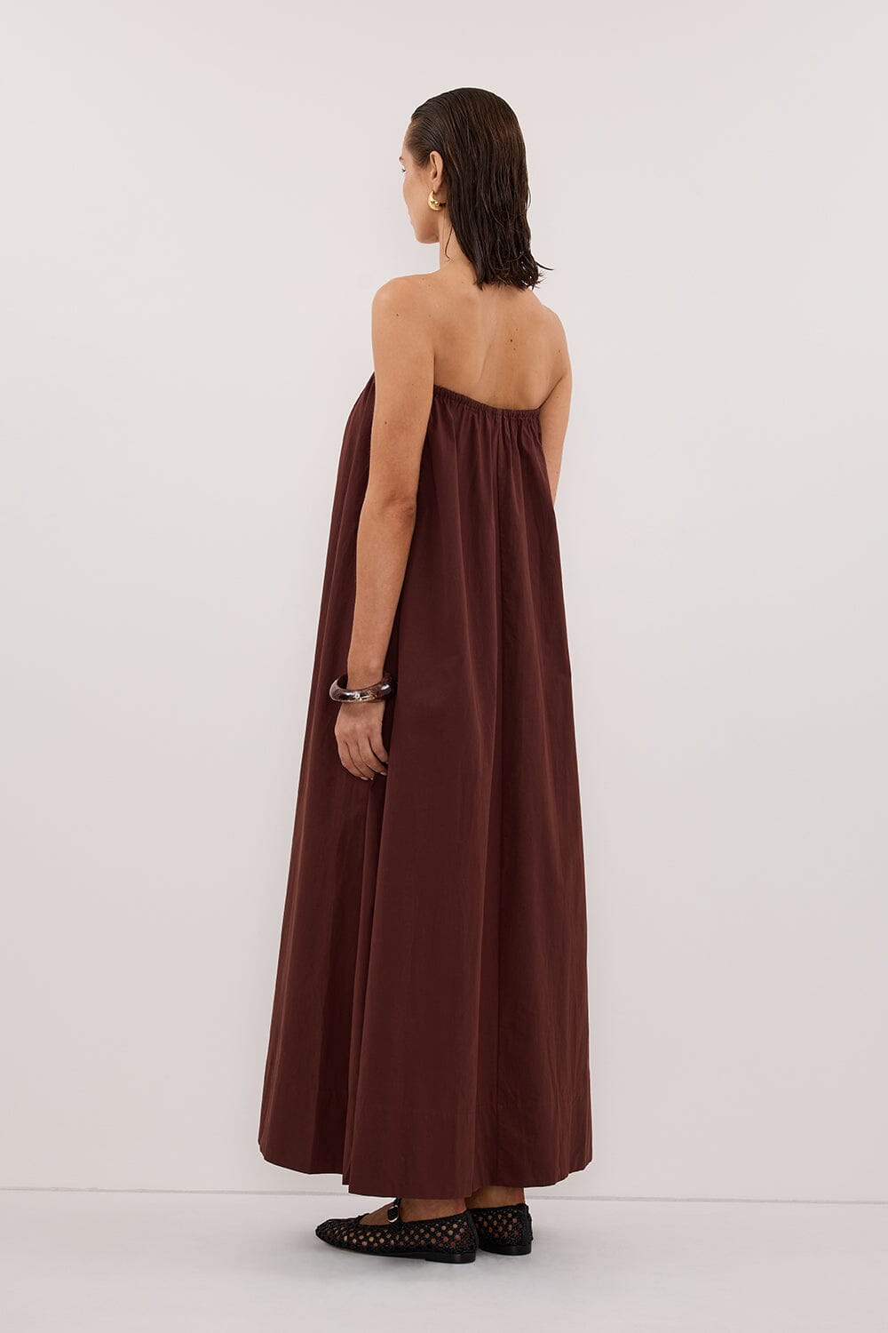 SOMMER CINNAMON STRAPLESS POPLIN MIDI DRESS