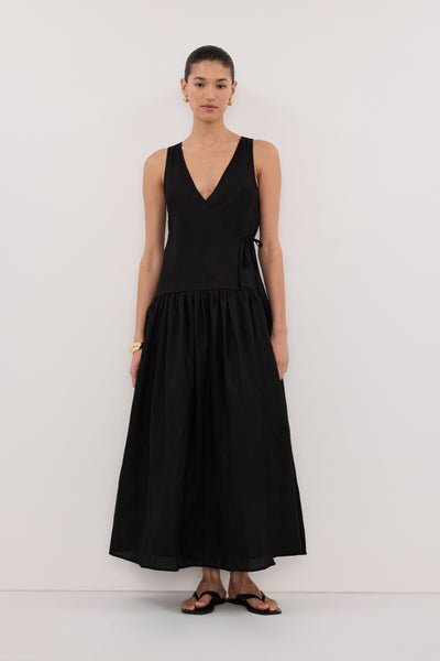 Aude wearing ILIO BLACK SLEEVELESS LINEN WRAP MIDI DRESS
