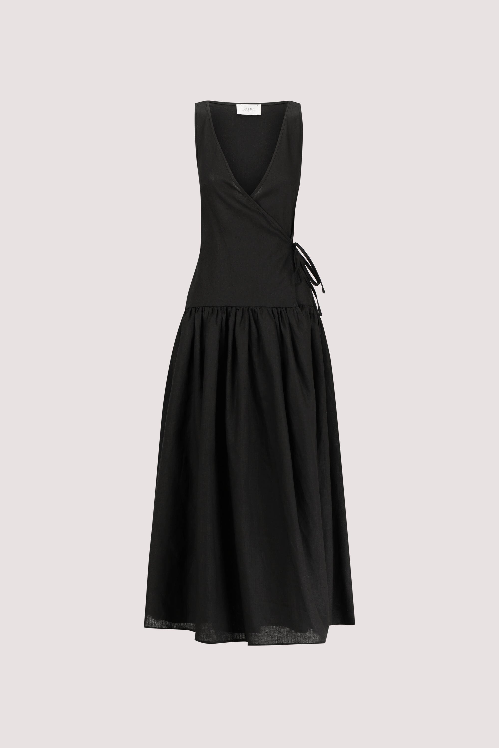 ILIO BLACK SLEEVELESS LINEN WRAP MIDI DRESS