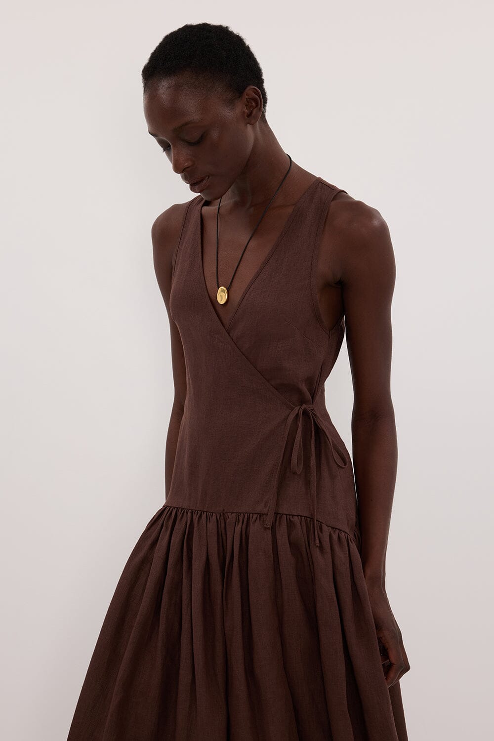 ILIO COCOA SLEEVELESS LINEN WRAP MIDI DRESS Clothing DISSH Boutiques 