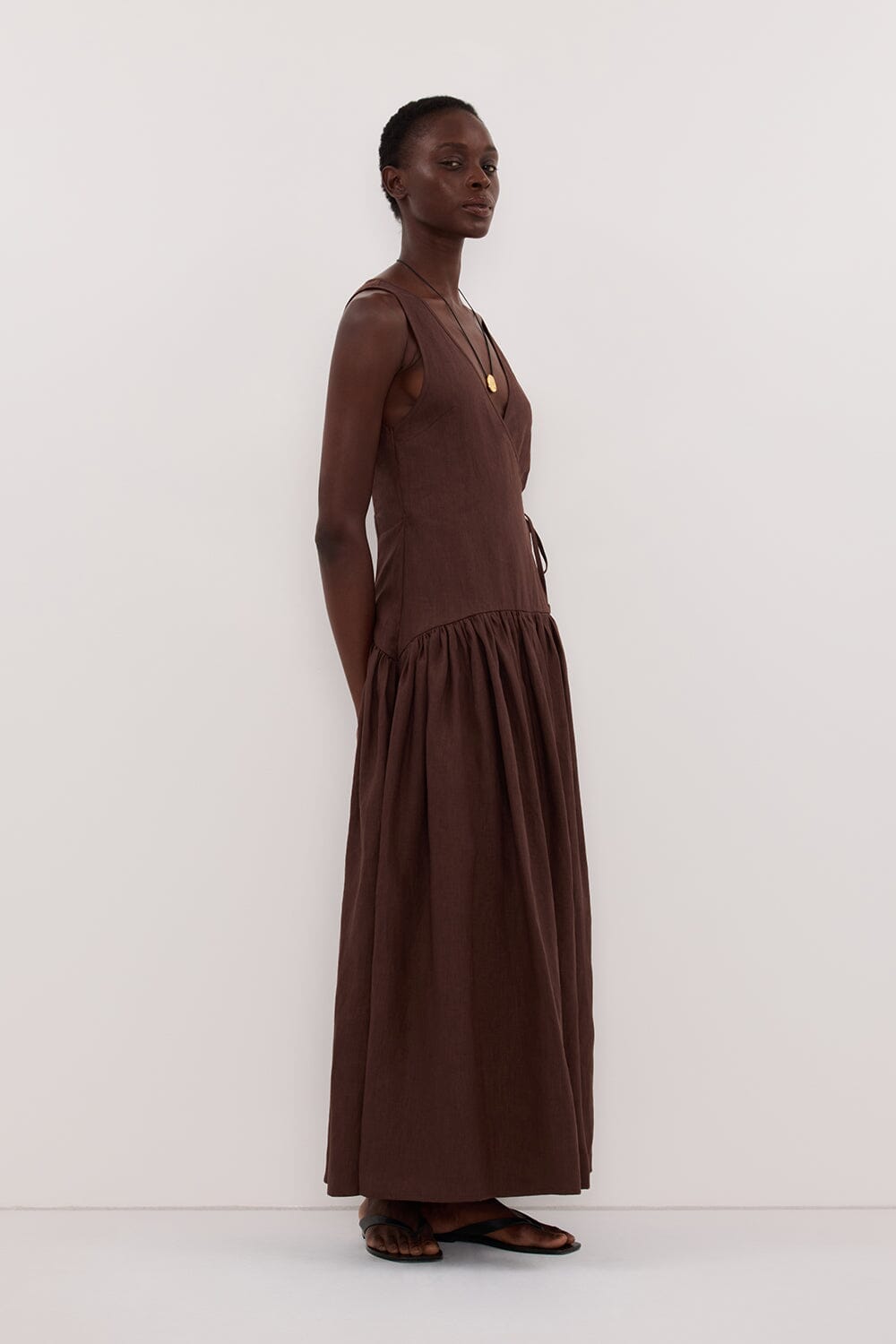 ILIO COCOA SLEEVELESS LINEN WRAP MIDI DRESS Clothing DISSH Boutiques 