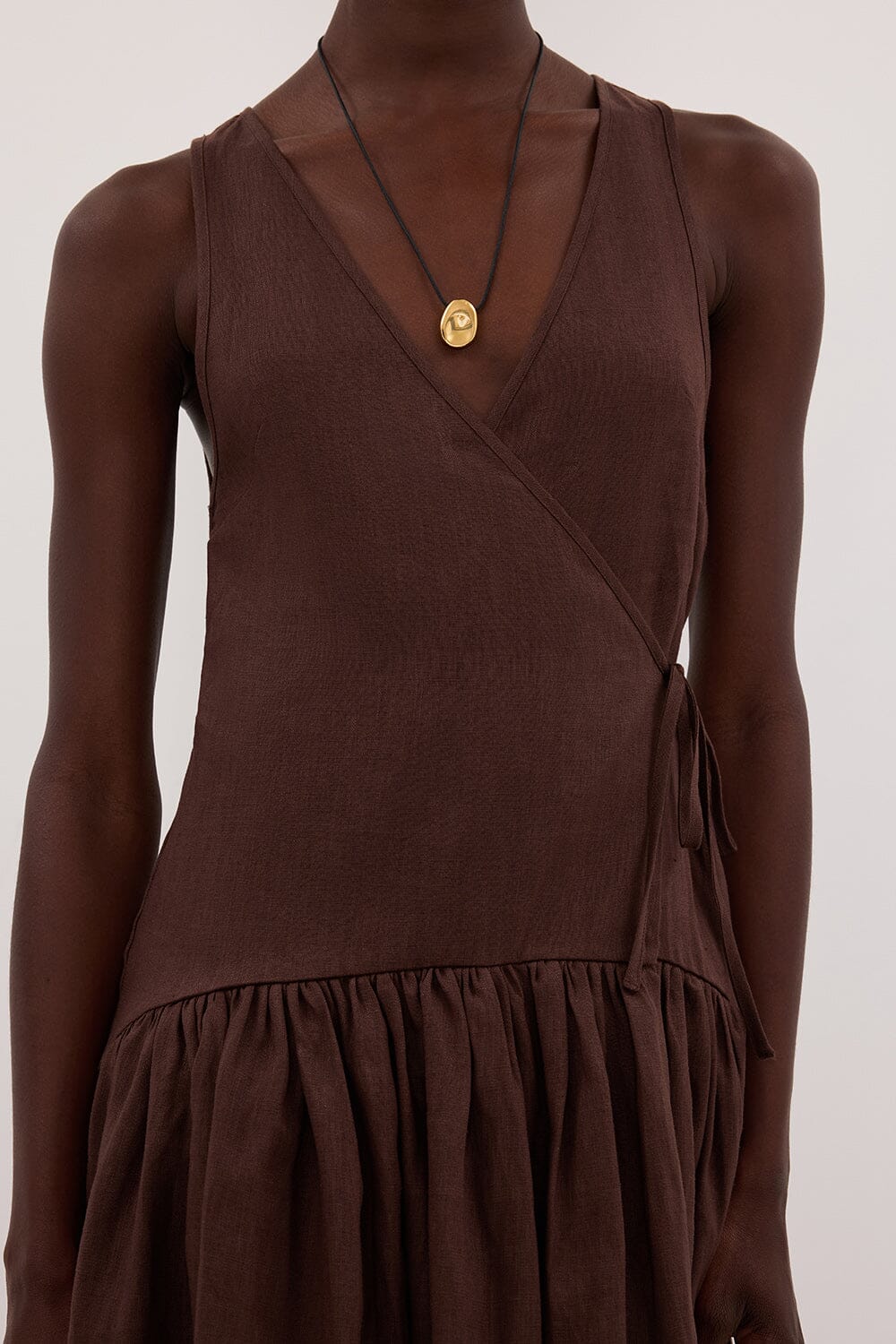 ILIO COCOA SLEEVELESS LINEN WRAP MIDI DRESS Clothing DISSH Boutiques 