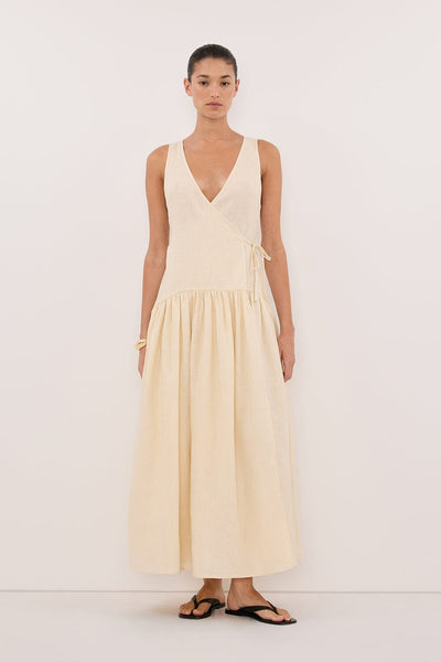 Aude wearing ILIO STRAW SLEEVELESS LINEN WRAP MIDI DRESS