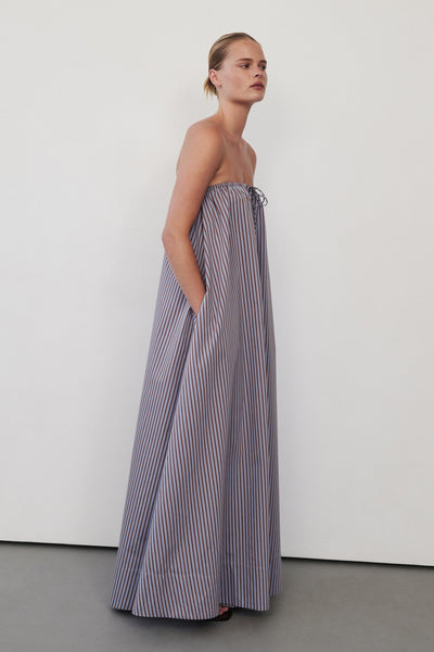 Zoe wearing HARRI STRIPE STRAPLESS MIDI DRESS
