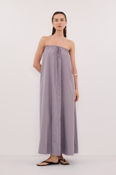 Stas wearing HARRI STRIPE STRAPLESS MIDI DRESS