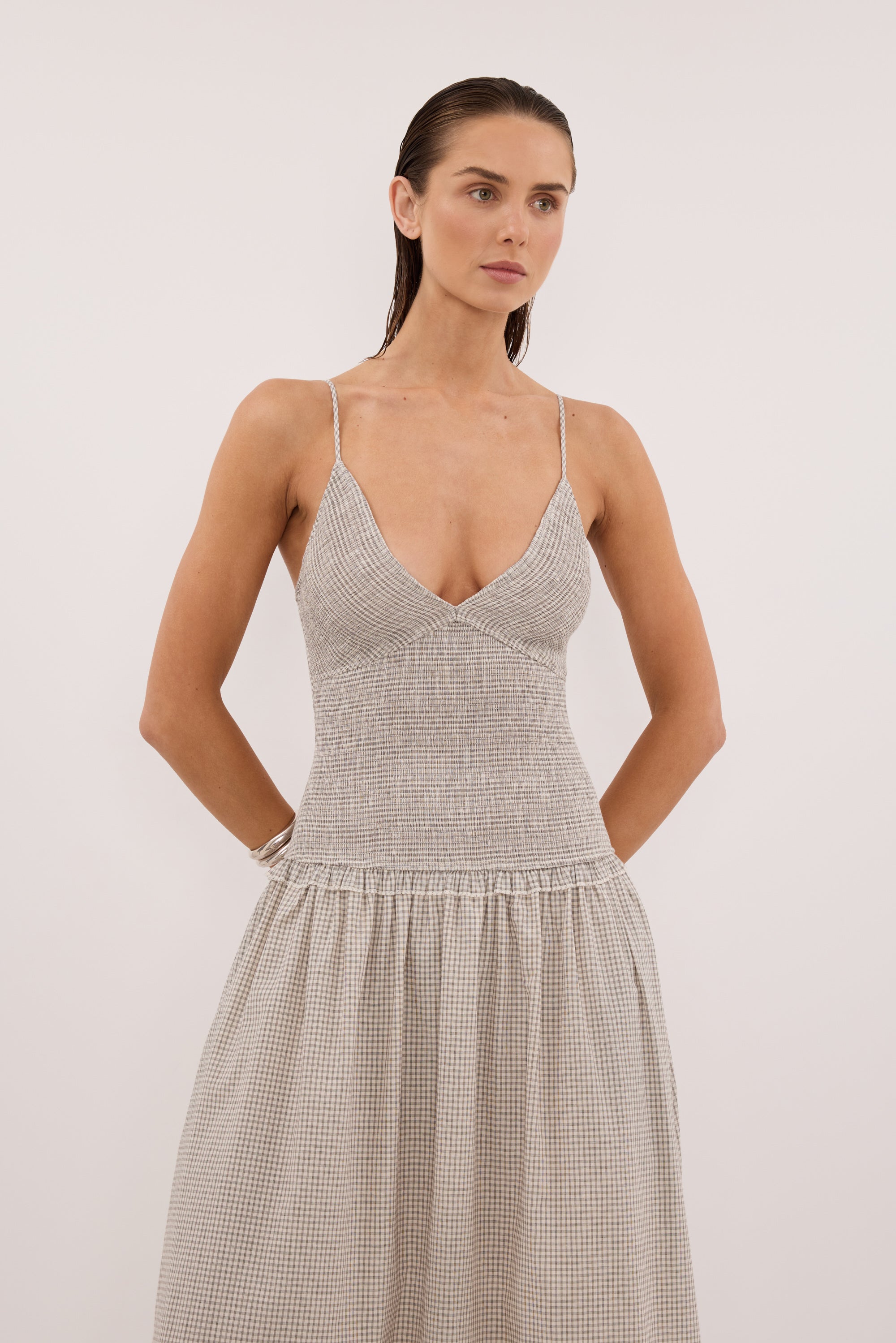 LILITH SLEEVELESS CHECK COTTON MIDI DRESS