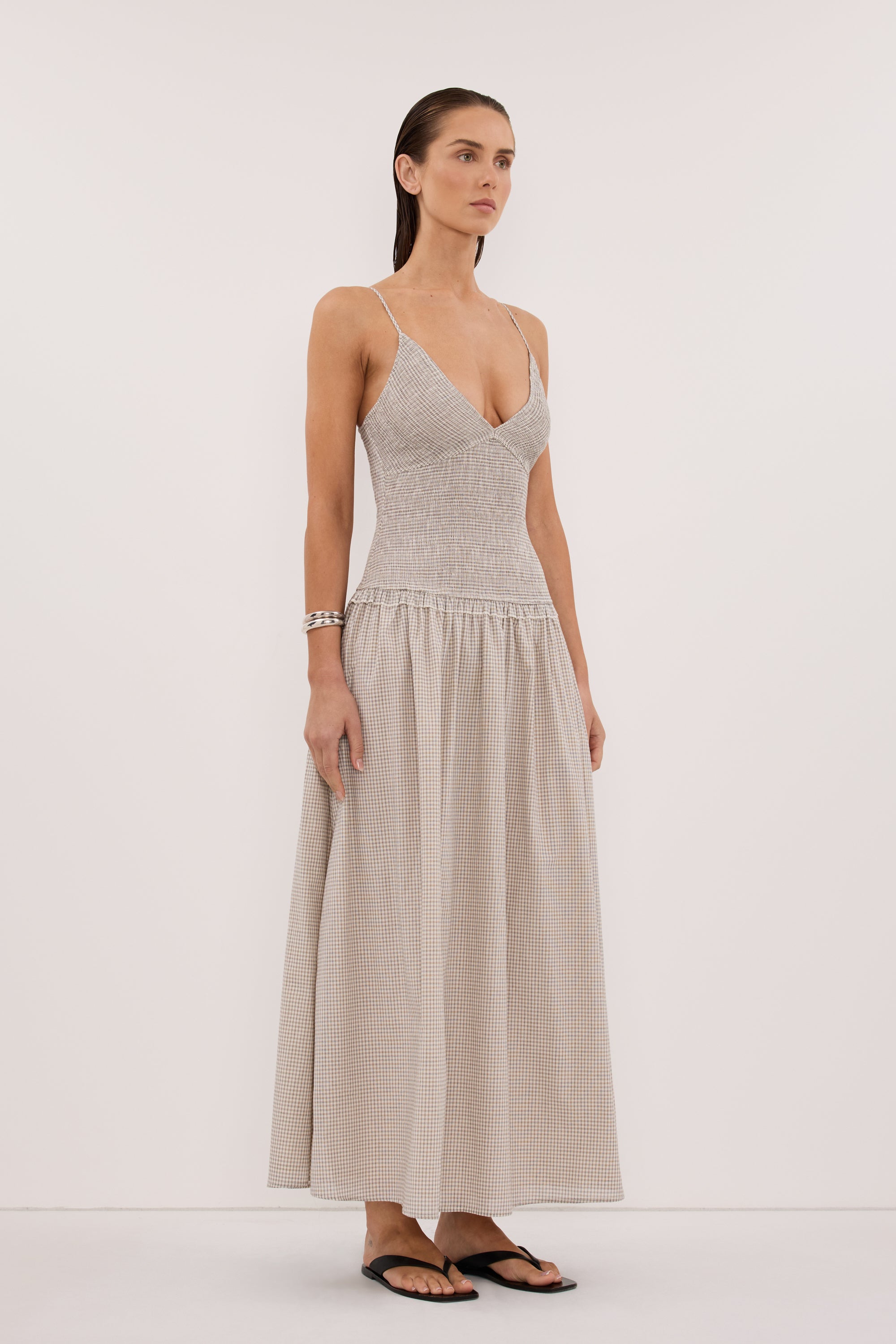LILITH SLEEVELESS CHECK COTTON MIDI DRESS