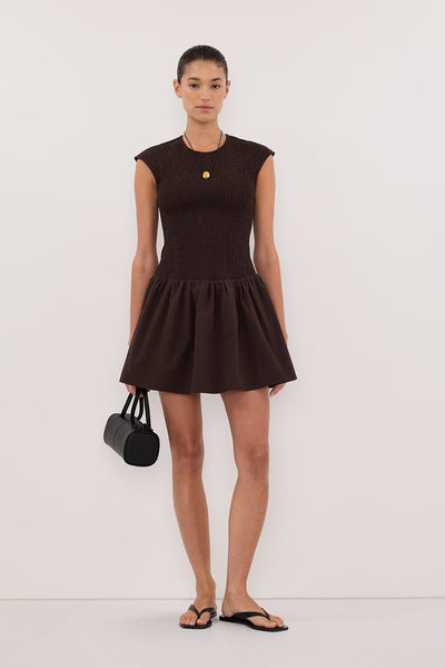 Aude wearing RUBI BURNT CHOC COTTON MINI DRESS