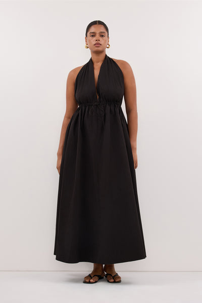 Amanda wearing TAMMY BLACK SLEEVELESS COTTON MIDI DRESS