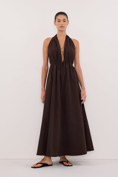 Aude wearing TAMMY BURNT CHOC SLEEVELESS COTTON MIDI DRESS