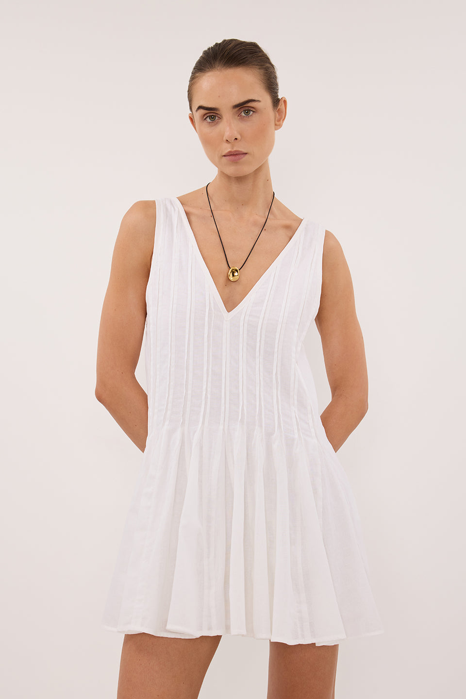 PIXIE WHITE LINEN MINI GODET DRESS
