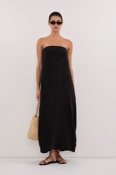 Aude wearing EDITH BLACK CUPRO STRAPLESS COCOON DRESS