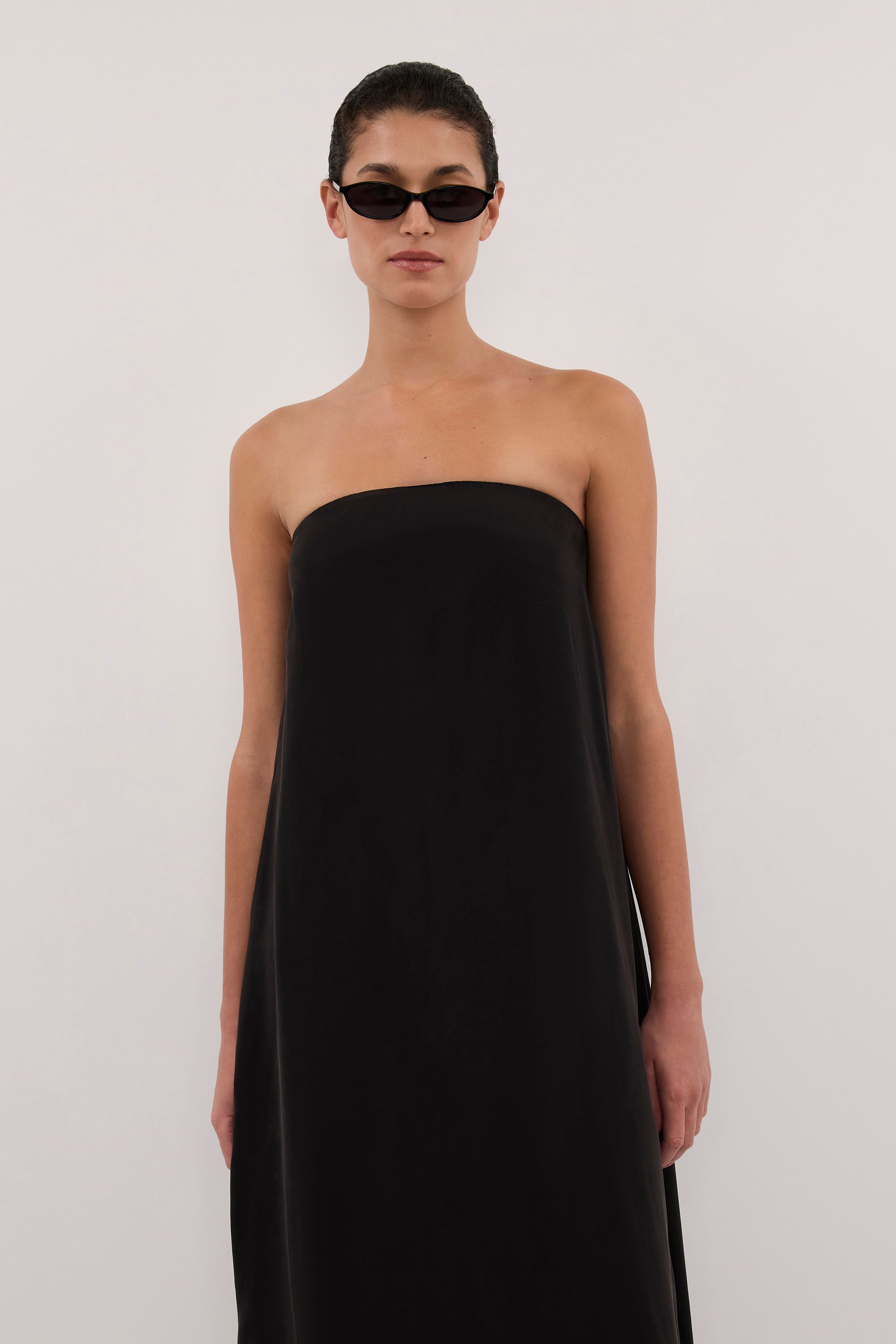 EDITH BLACK CUPRO STRAPLESS COCOON DRESS