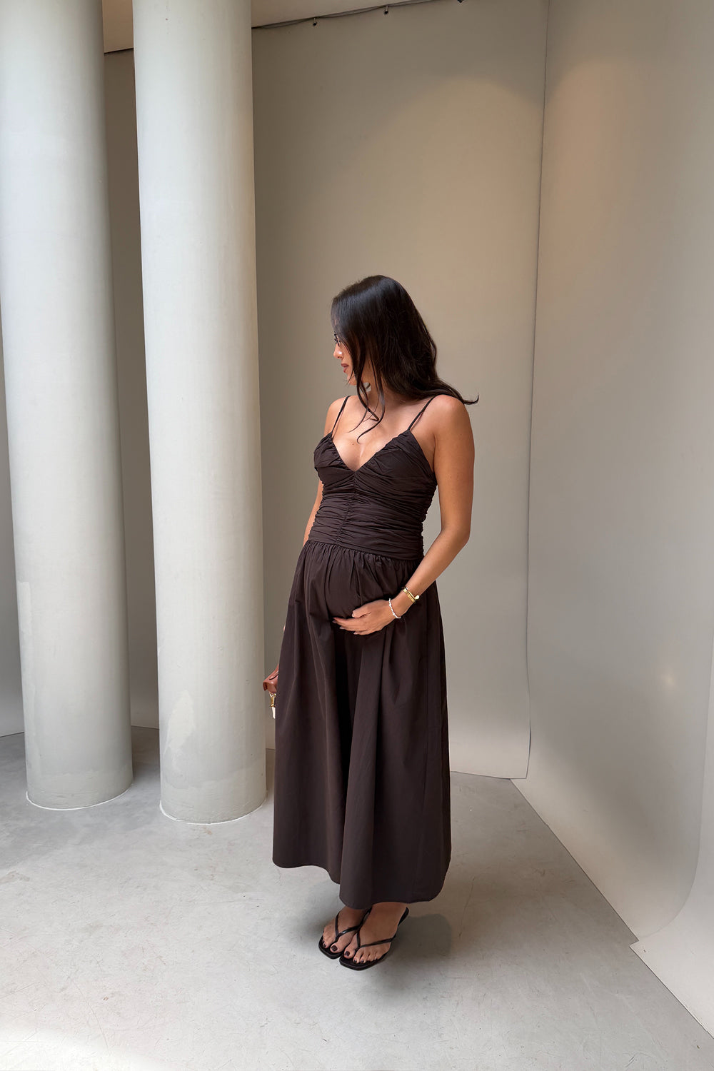 ALEXIA BURNT CHOC COTTON MIDI DRESS