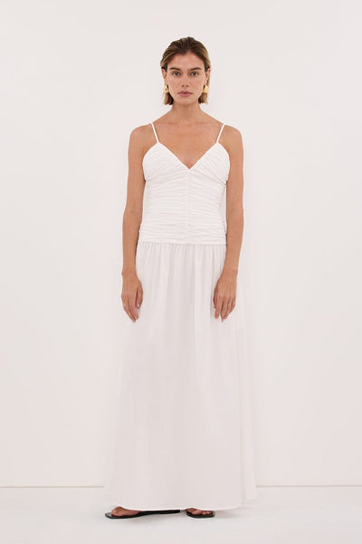 Joanna wearing ALEXIA WHITE COTTON MIDI DRESS