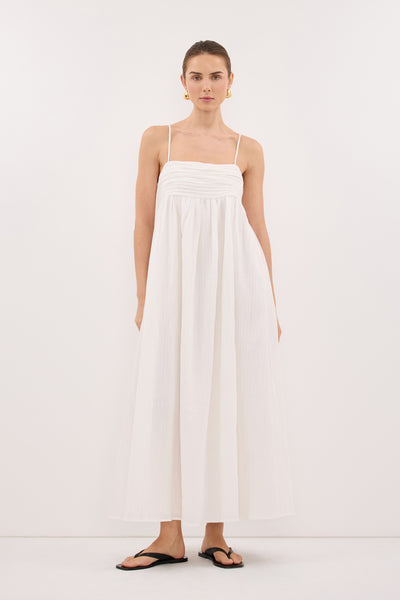 Stas wearing CASEY IVORY CRINKLE RAMIE MIDI DRESS