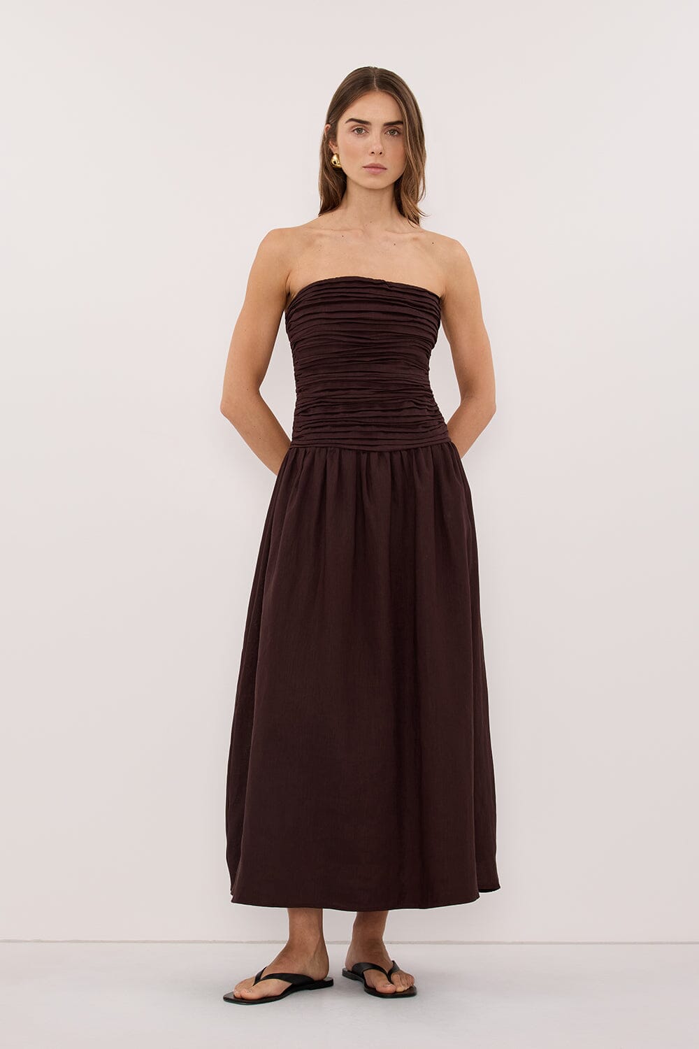 AUBRIELLA BURNT CHOC LINEN MIDI DRESS