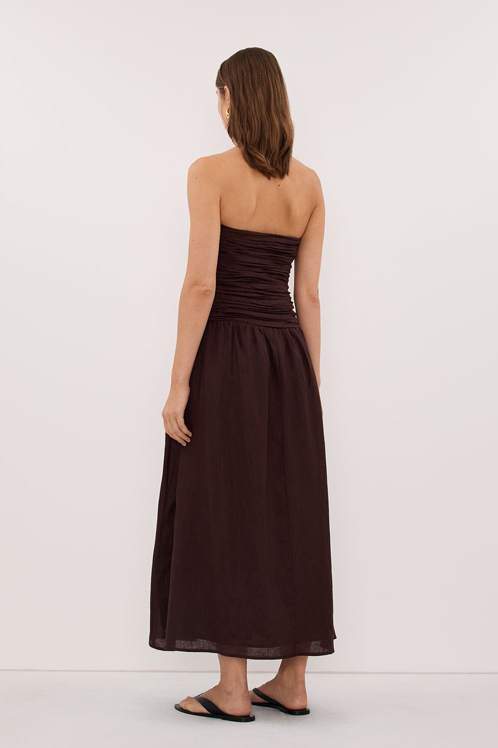 AUBRIELLA BURNT CHOC LINEN MIDI DRESS