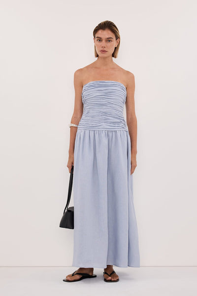 Joanna wearing AUBRIELLA DUSTY BLUE LINEN MIDI DRESS
