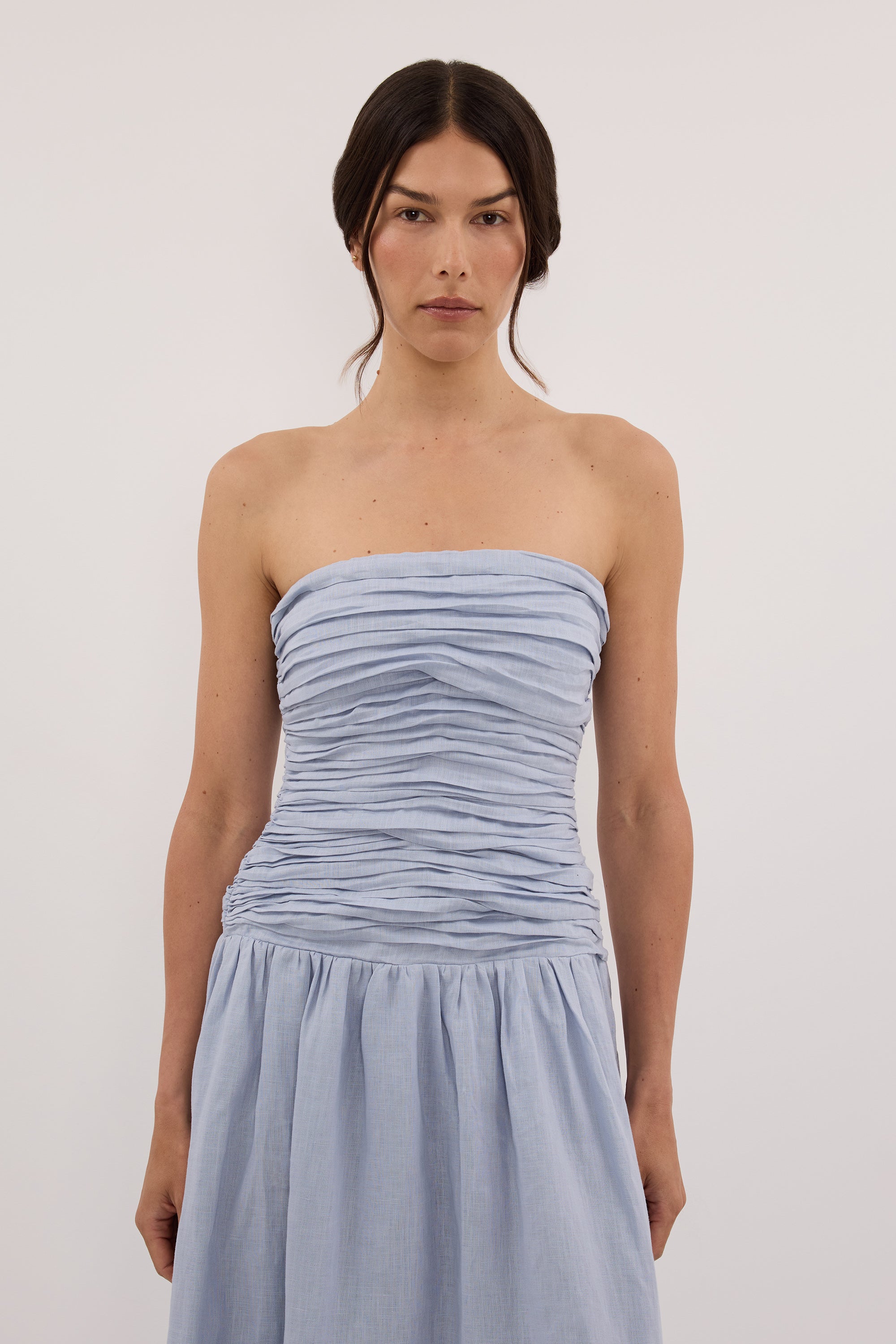 AUBRIELLA DUSTY BLUE LINEN MIDI DRESS